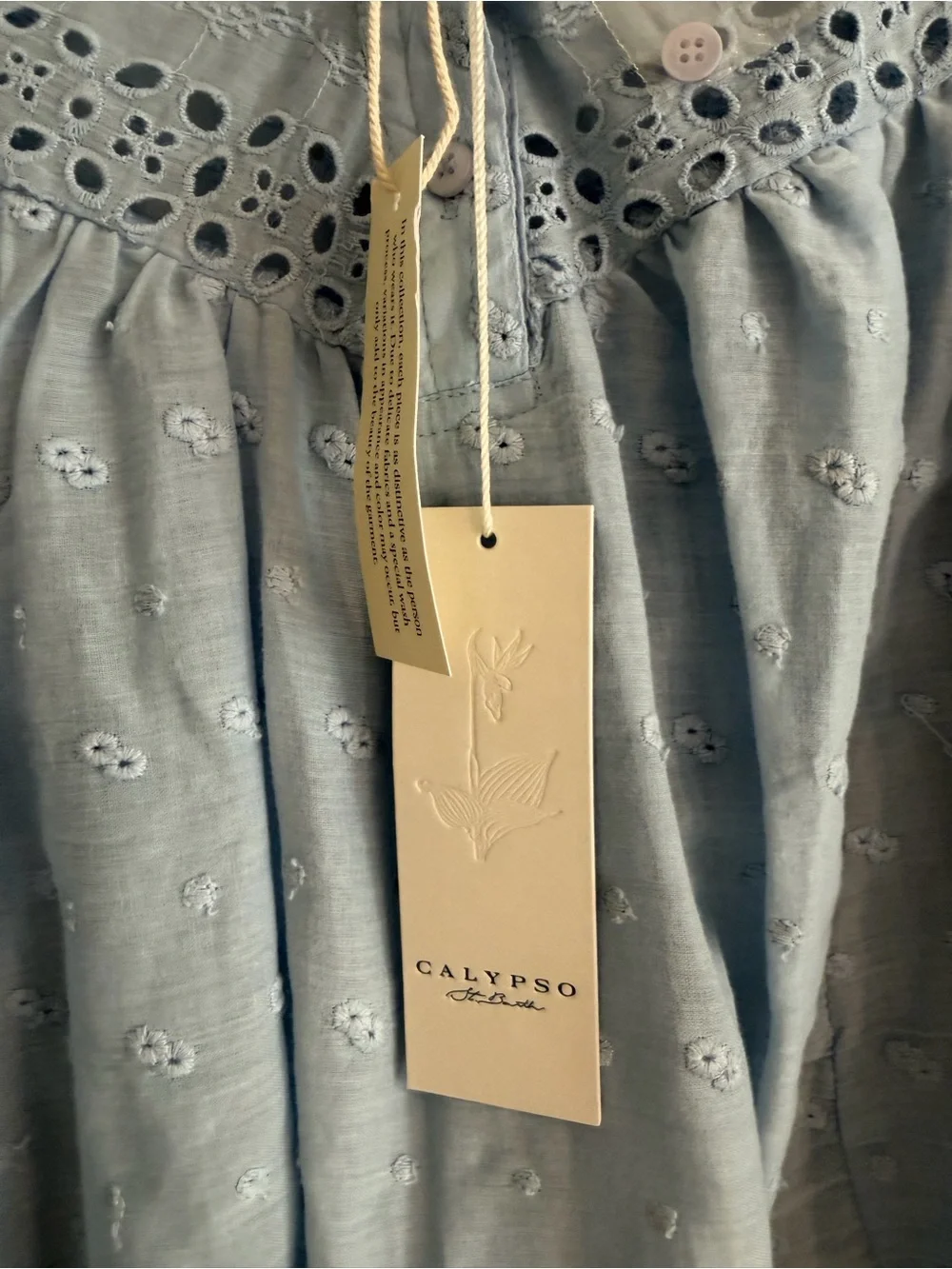 Calypso St. Barth Pale Blue Eyelet Peasant Blouse - Picture 3 of 5